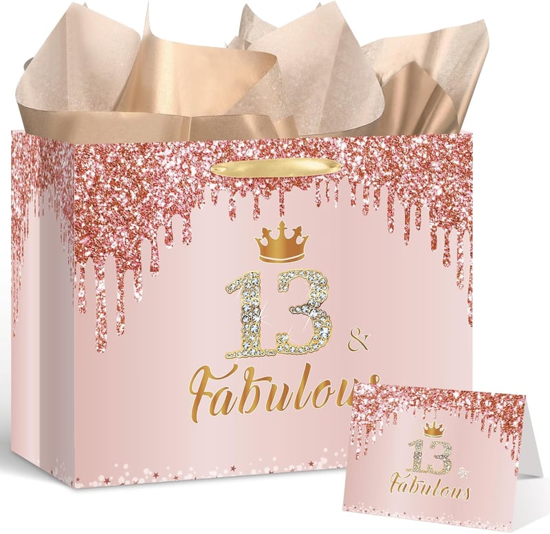13th Birthday Gift Bag - Large Pink Rose Gold with Card & Paper