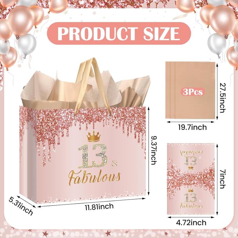 13th Birthday Gift Bag - Large Pink Rose Gold with Card & Paper