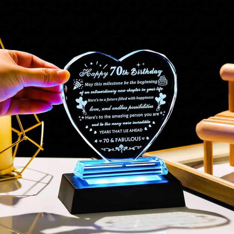 70th Birthday Laser Crystal Heart Decoration for Her & Him