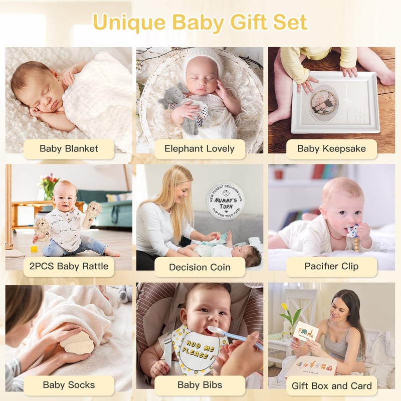 Newborn Baby Gift Basket with Blanket, Rattle, Bibs & More