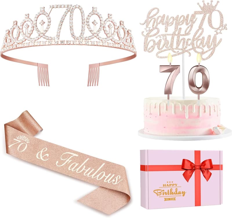 70th Birthday Decorations Set for Women - Sash, Crown, Candles
