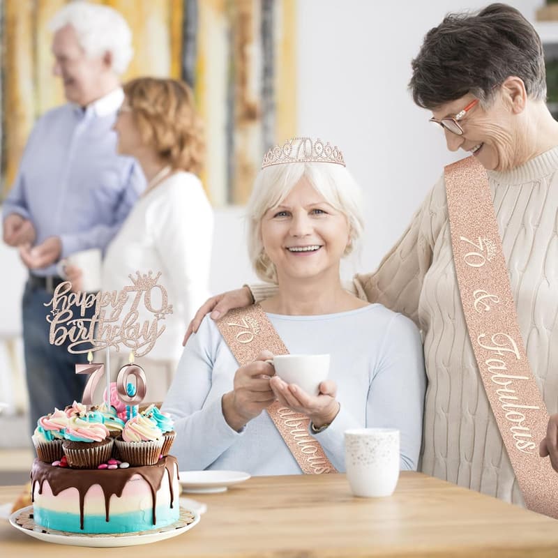 70th Birthday Decorations Set for Women - Sash, Crown, Candles