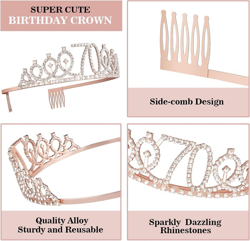 70th Birthday Decorations Set for Women - Sash, Crown, Candles