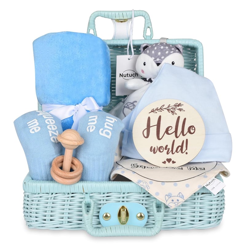 Newborn Baby Gift Set with Blanket, Teether, Bibs & Card