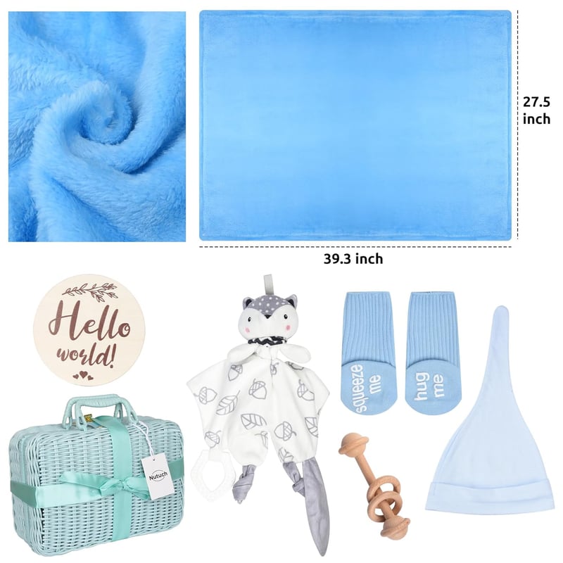 Newborn Baby Gift Set with Blanket, Teether, Bibs & Card