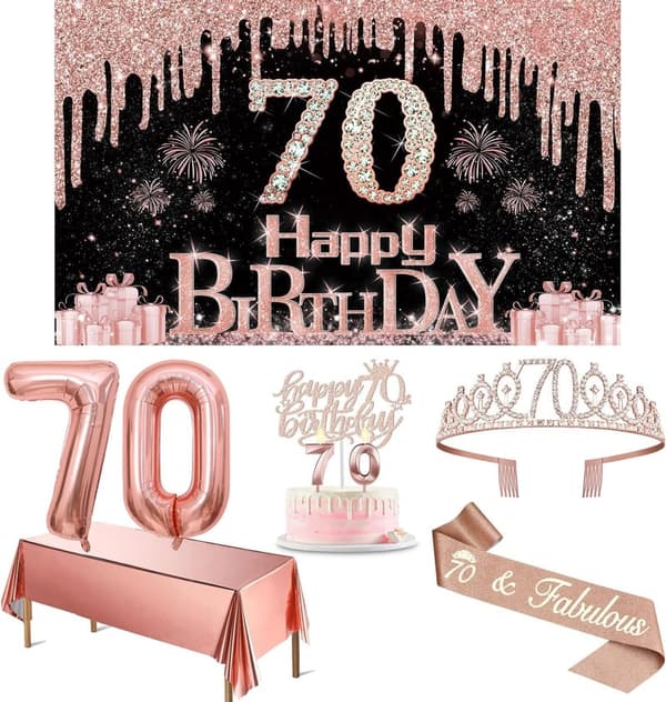 70th Birthday Decorations Set for Women - Rose Gold Theme