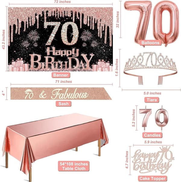 70th Birthday Decorations Set for Women - Rose Gold Theme