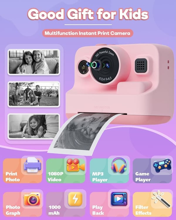 Kids Instant Print Camera, 1080P, Gifts for Ages 3-12, Pink
