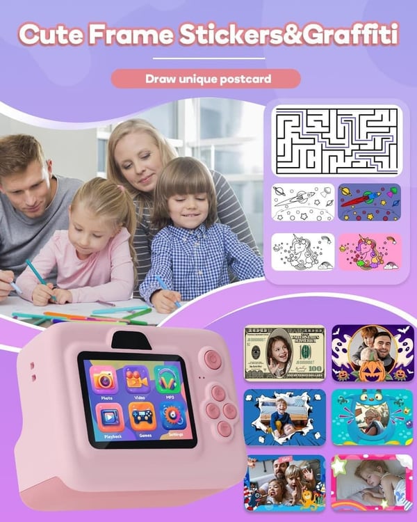 Kids Instant Print Camera, 1080P, Gifts for Ages 3-12, Pink
