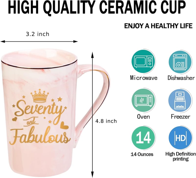 70th Birthday Pink Mug Gift for Women - 14 oz