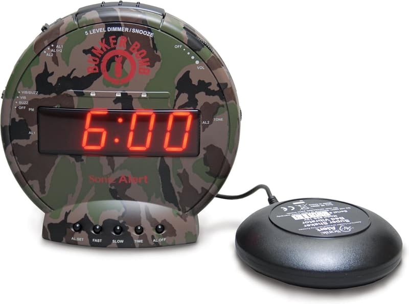 Sonic Bomb Camouflage Dual Alarm Clock with Bed Shaker
