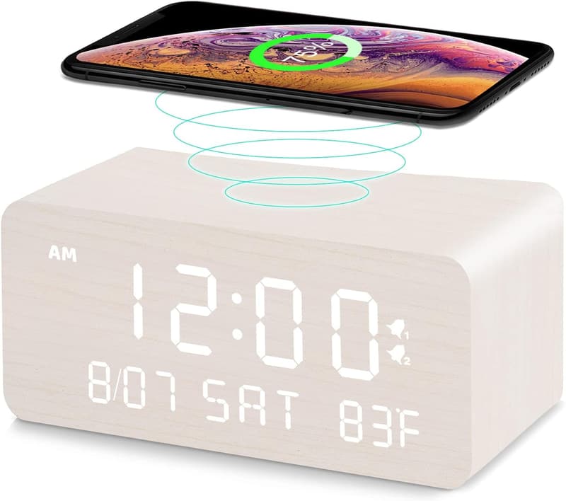 Wooden Digital Alarm Clock with Wireless Charging & Dual Alarm
