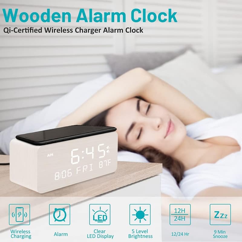Wooden Digital Alarm Clock with Wireless Charging & Dual Alarm