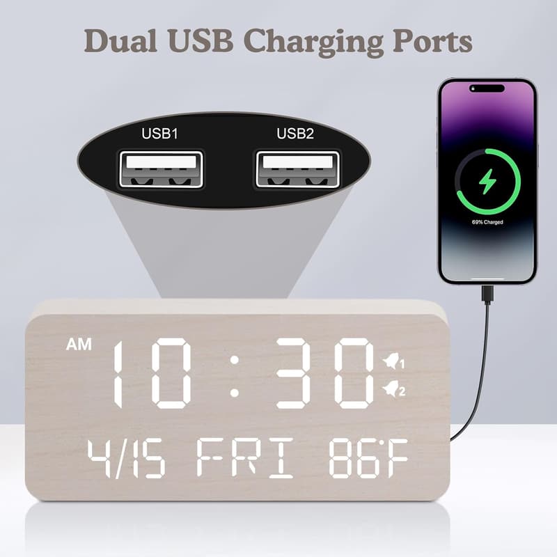 Wooden Digital Alarm Clock with Wireless Charging & Dual Alarm