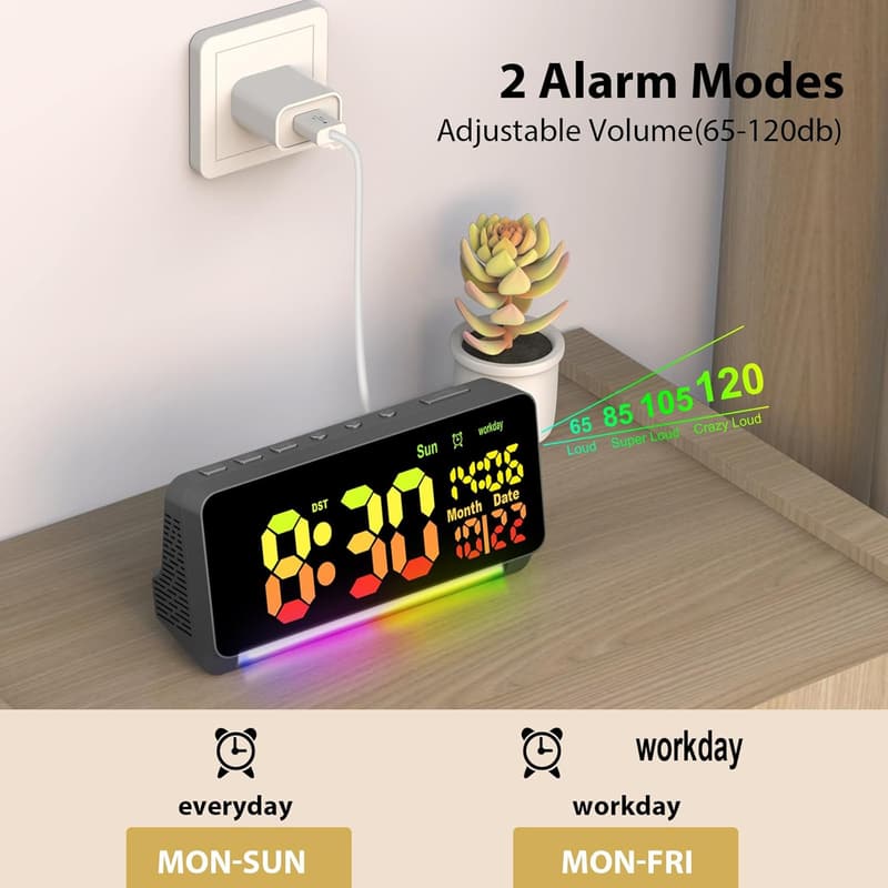 Super Loud Alarm Clock for Heavy Sleepers with 7 Colors Night Light