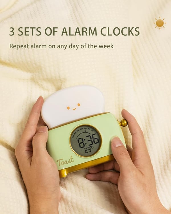 Cute Toast Night Light Alarm Clock for Kids - Rechargeable LED