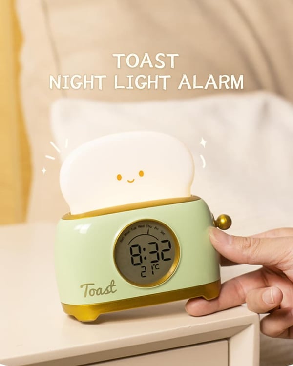 Cute Toast Night Light Alarm Clock for Kids - Rechargeable LED