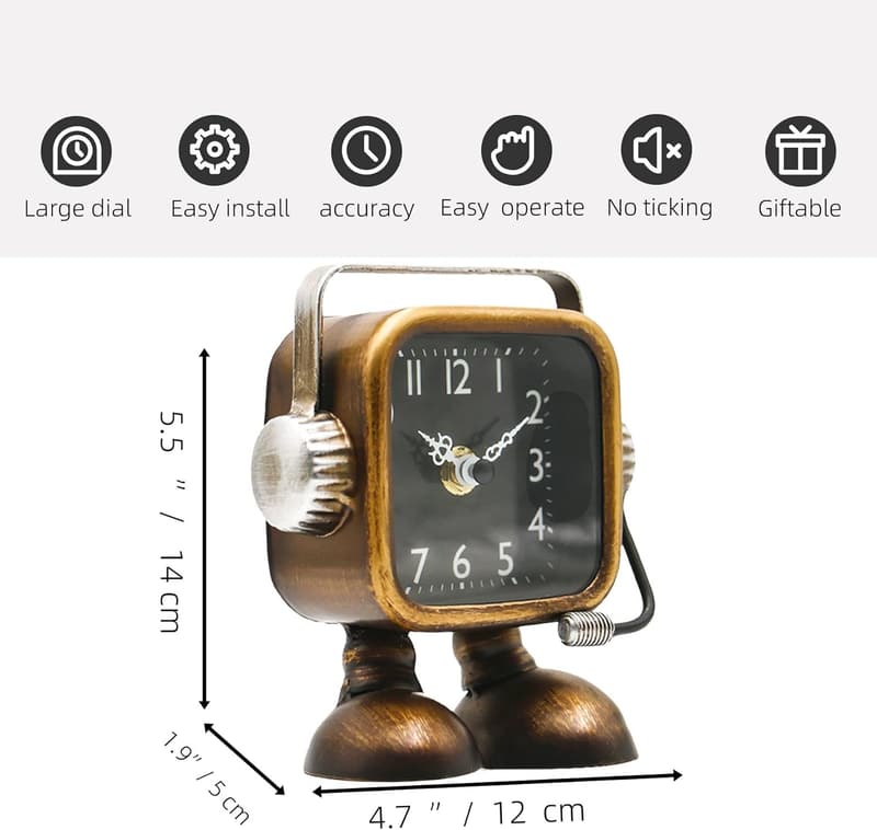 Retro Steampunk Robot Table Clock - Battery Operated, Silent