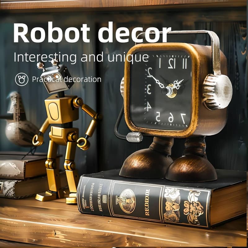 Retro Steampunk Robot Table Clock - Battery Operated, Silent