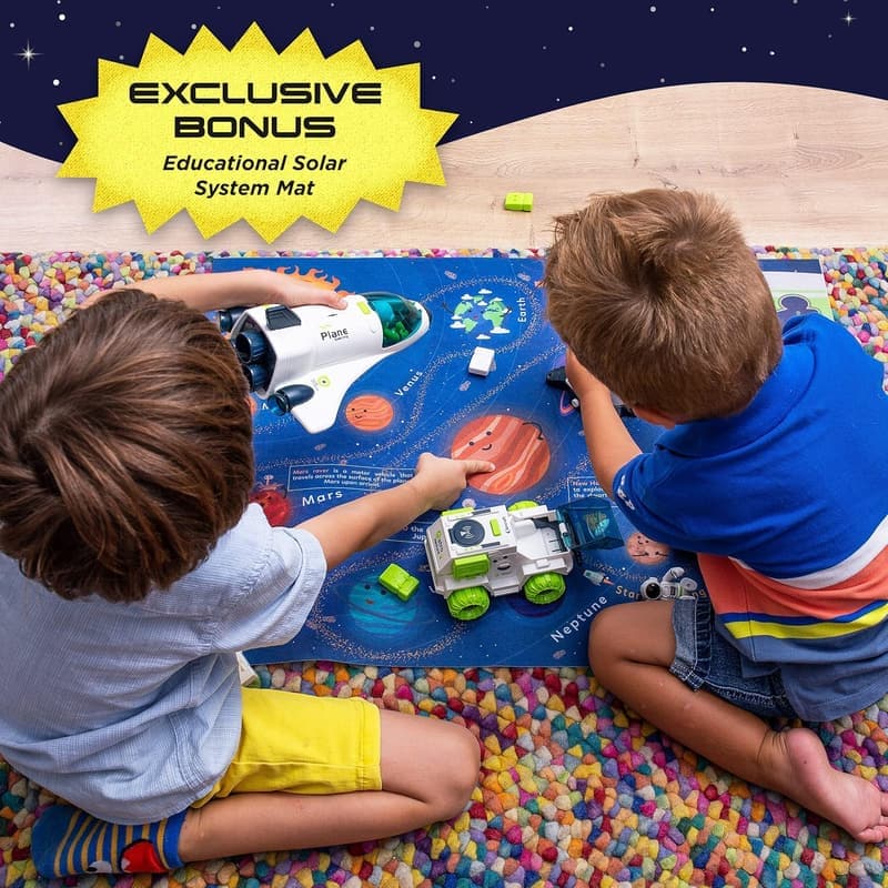 Space Rocket Ship Toy Playset with Solar System Mat for Kids