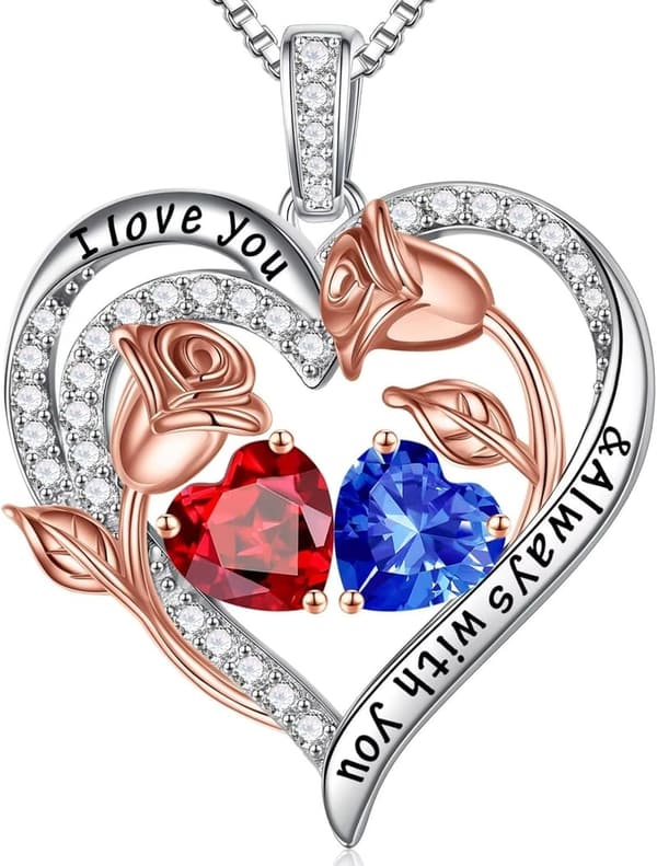 925 Sterling Silver Rose Heart Birthstone Necklace for Women