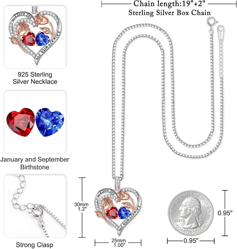 925 Sterling Silver Rose Heart Birthstone Necklace for Women