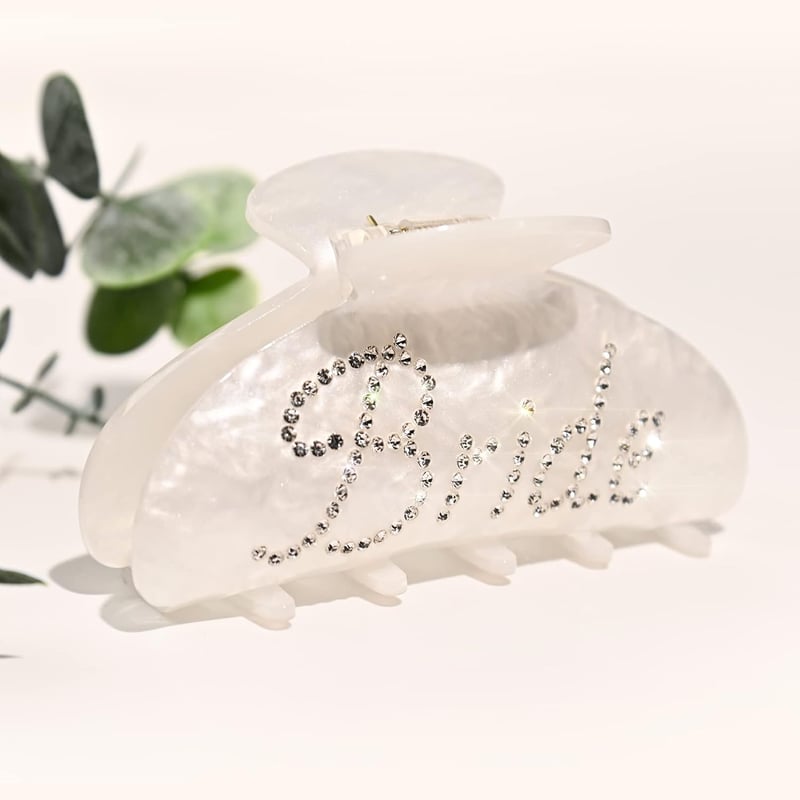 Bride Hair Clip - White Acrylic with Rhinestone Logo