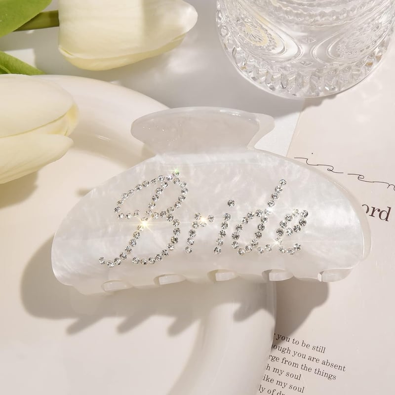 Bride Hair Clip - White Acrylic with Rhinestone Logo