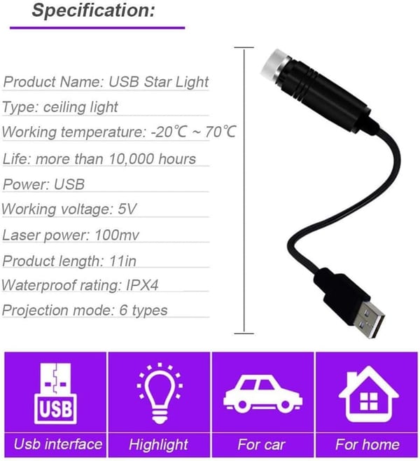 Adjustable USB Star Projector Night Light for Car and Parties