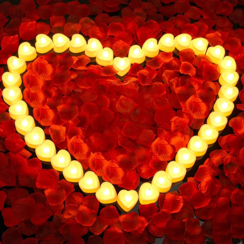Valentine's Day Rose Petals & LED Tea Light Candle Set