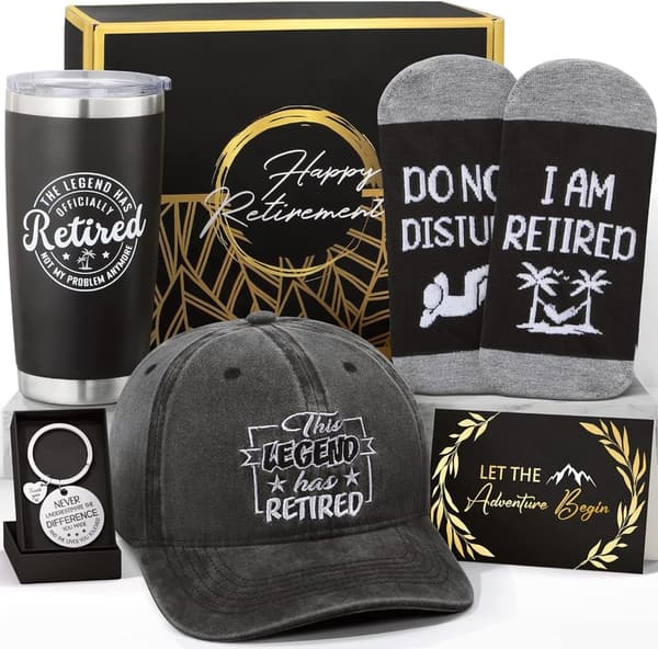 Happy Retirement Gift Set for Men – Funny Basket with Tumbler & Cap