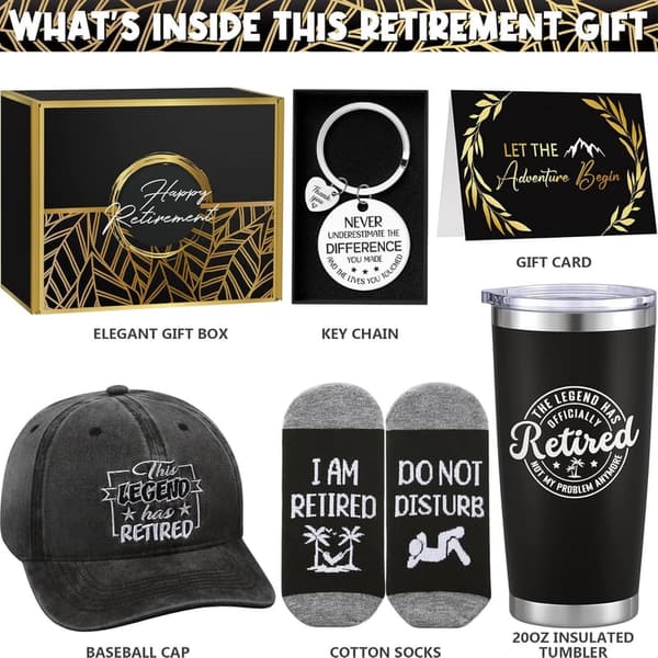 Happy Retirement Gift Set for Men – Funny Basket with Tumbler & Cap