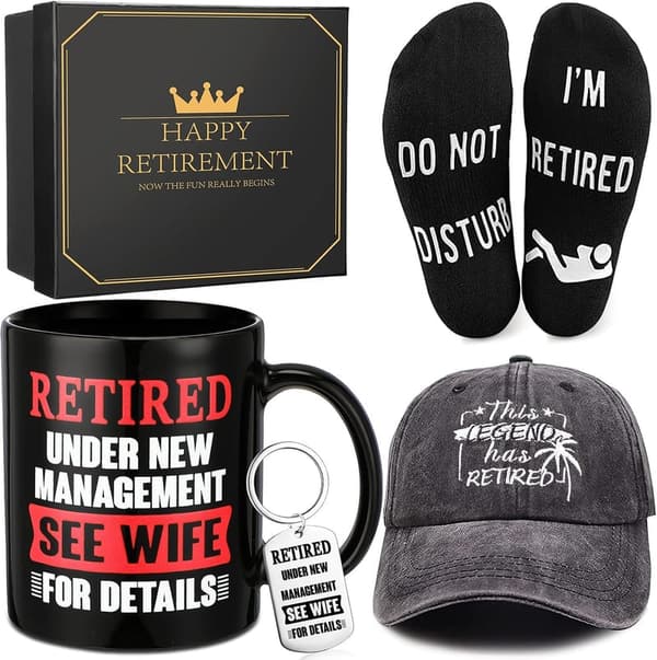 Retirement Gift Set for Men - Funny Mug, Cap, Socks & Keychain