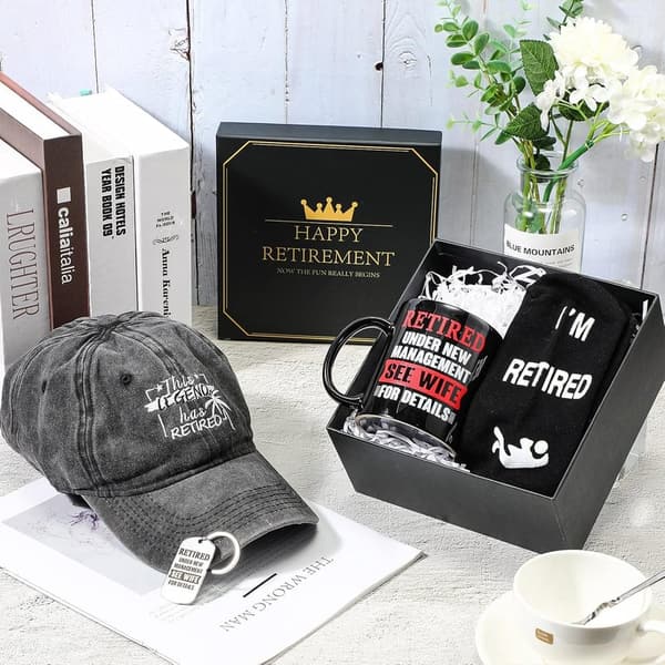 Retirement Gift Set for Men - Funny Mug, Cap, Socks & Keychain