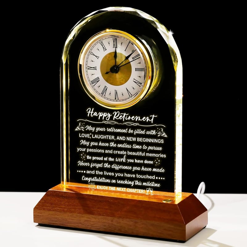 Happy Retirement Glass Clock with Wooden Base - Keepsake Gift for Colleagues