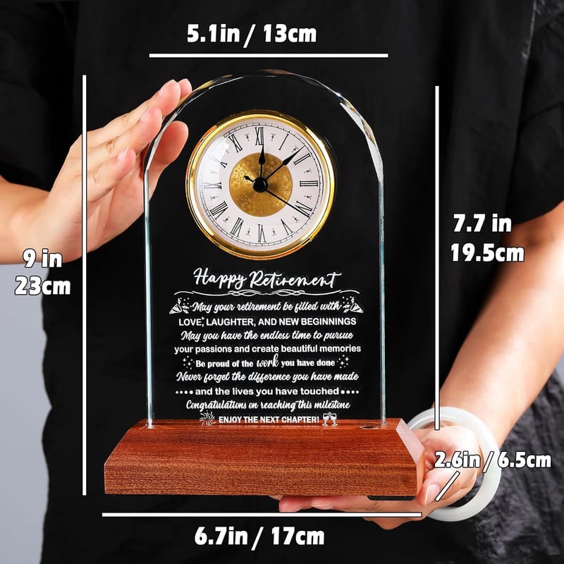 Happy Retirement Glass Clock with Wooden Base - Keepsake Gift for Colleagues