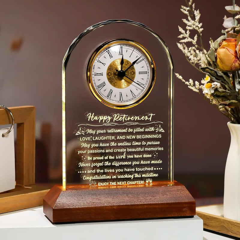 Happy Retirement Glass Clock with Wooden Base - Keepsake Gift for Colleagues