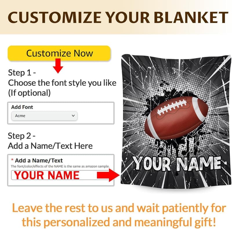Personalized Black Football Throw Blanket for Kids & Teens