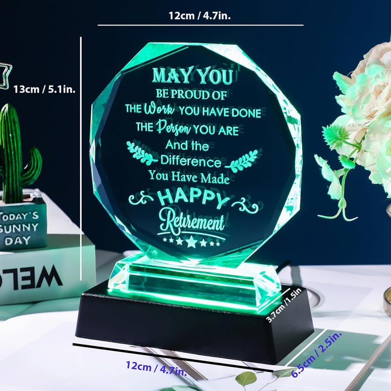 Happy Retirement Crystal Keepsake with LED Base for Retirees