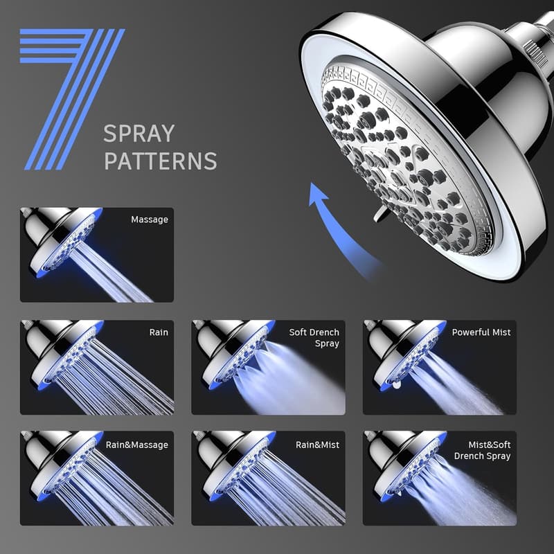 LED Color Changing Shower Head with 7 Modes & Water Softener