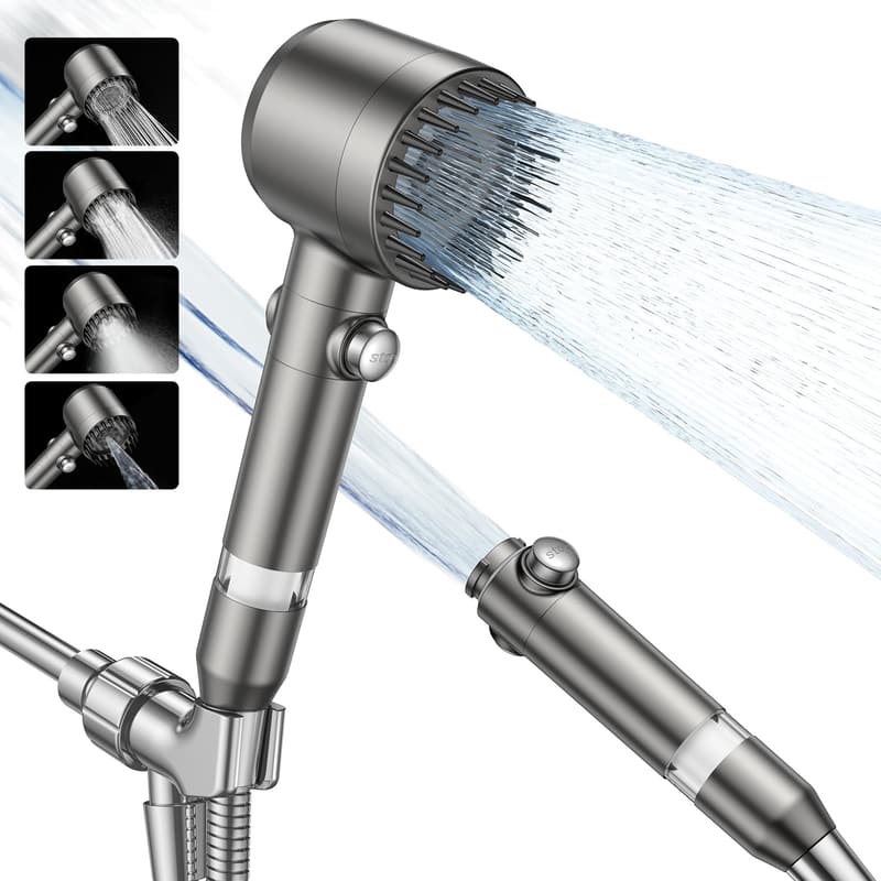 High-Pressure Handheld Shower Head with 4 Spray Modes & ON/OFF Switch