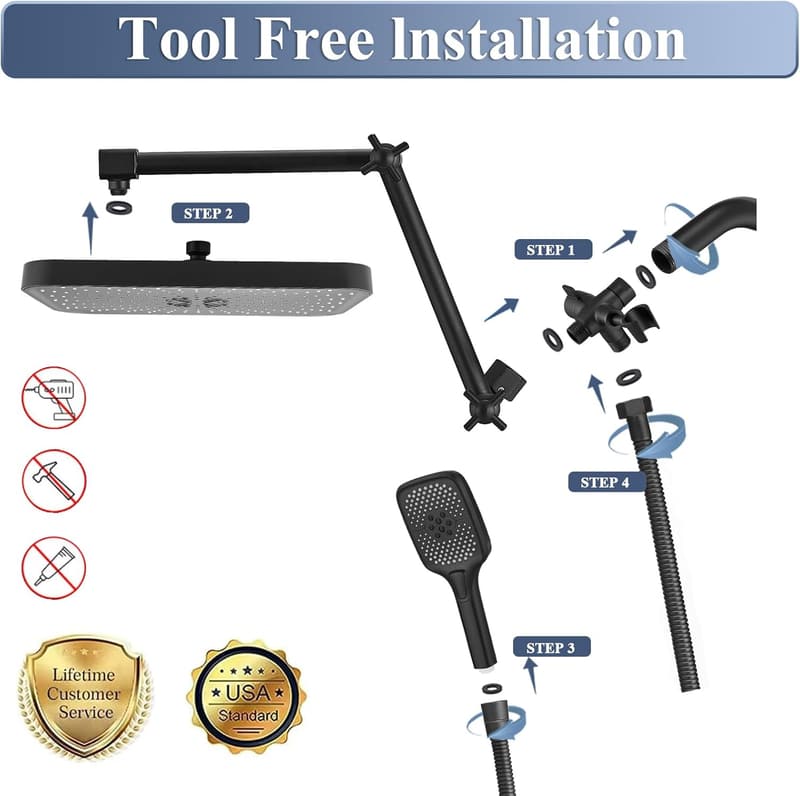 High-Pressure Matte Black Rain Shower Head with Handheld & 3 Settings