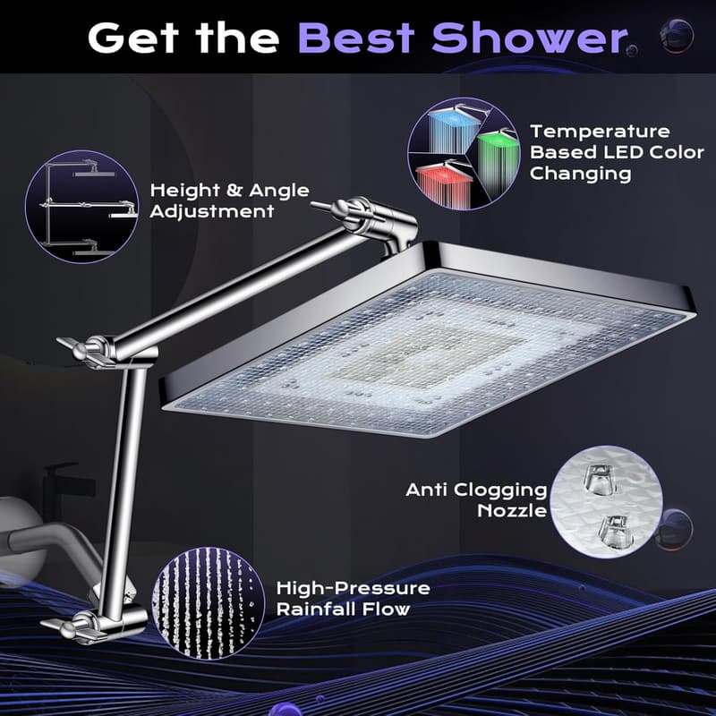LED Rain Shower Head with Adjustable Extension Arm and Color Change