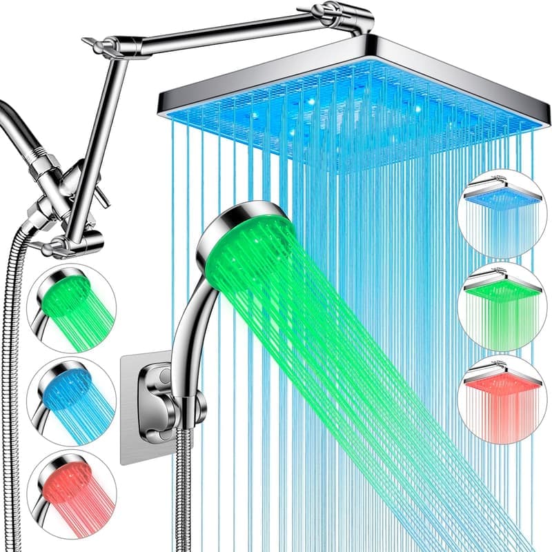 LED Rainfall Shower Head with Color Changing Feature and Extension Arm