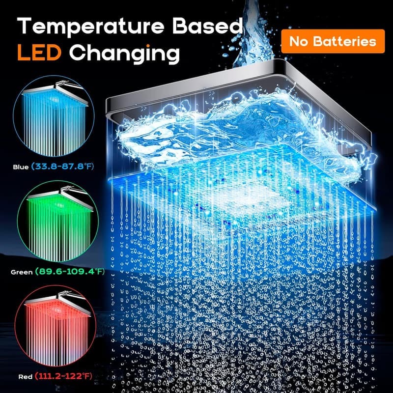 LED Rainfall Shower Head with Color Changing Feature and Extension Arm