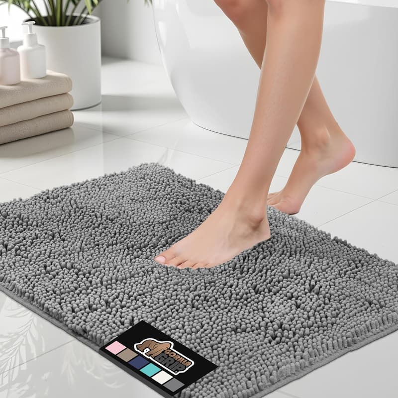 GORILLA GRIP Quick-Dry Chenille Bath Rug Mat, 24x17, Grey