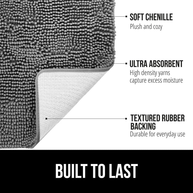 GORILLA GRIP Quick-Dry Chenille Bath Rug Mat, 24x17, Grey
