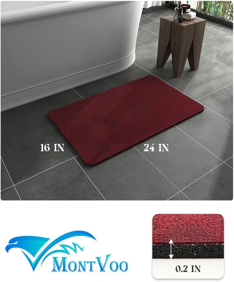 Burgundy Non-Slip Bath Mat Rug - Quick Dry Faux Suede 16x24