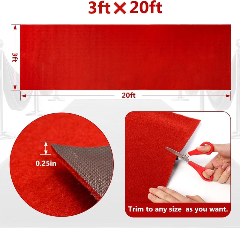 Red Carpet Runner - 3ft x 20ft, Extra Thick, Non-Slip for Events