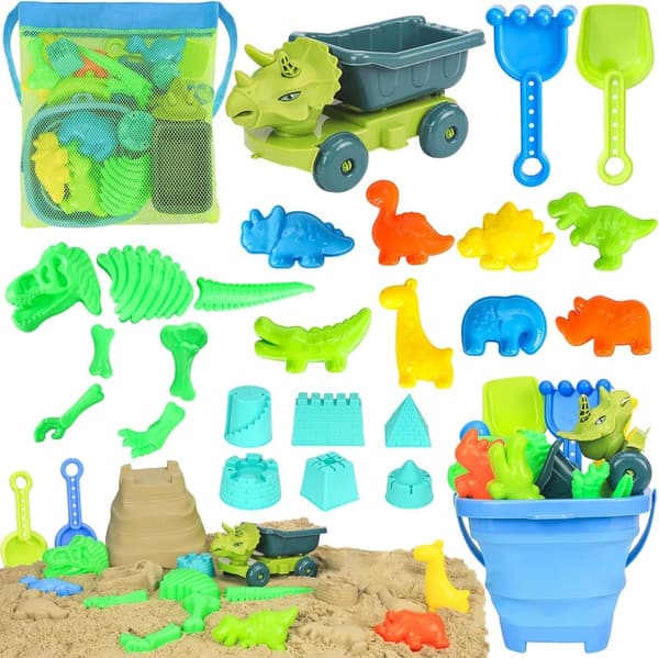 Dinosaur Sand Toys Set with Dump Truck & Collapsible Bucket